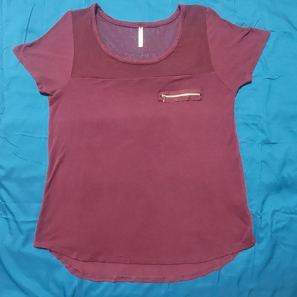 Splash High Low Short Sleeve Top W/Mesh & Zipper Accent, Women's 1X, Plum Color